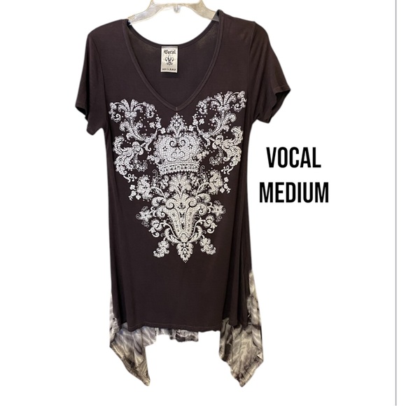 Vocal Tops - Vocal~Embellished~Short sleeve~Tunic~Medium~Brown Tie Dye